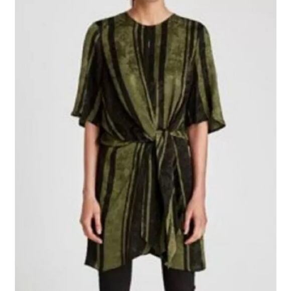 Zara Tie Knot Jacquard Satin Green Black Mini Wrap Striped Retro Dress Sz Large - Picture 3 of 13